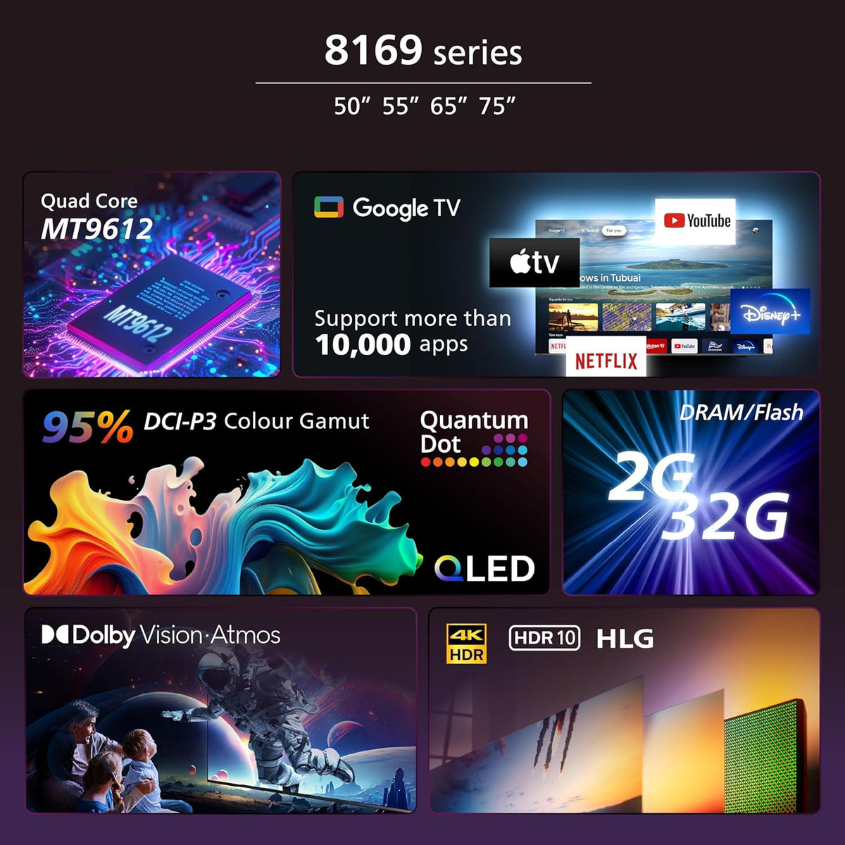 Philips 70 INCH 4K QLED Google Smart TV, 8100 Series 70PQT8169/56,Dolby Vision/HDR 10/HLG, HDMI 2.1, Google Voice Assistant, Youtube, Netflix, Shahid, 1 Year Warranty