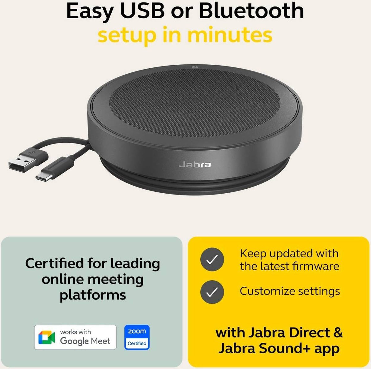 Jabra Speak2 75 Conferencing Speakerphone with Link 380 USB-A, Adapter for Unified Communications, 65mm Speaker Size, 360° Omnidirectional Microphone, IP64 Water and Dust Protection, Black | 2775-419