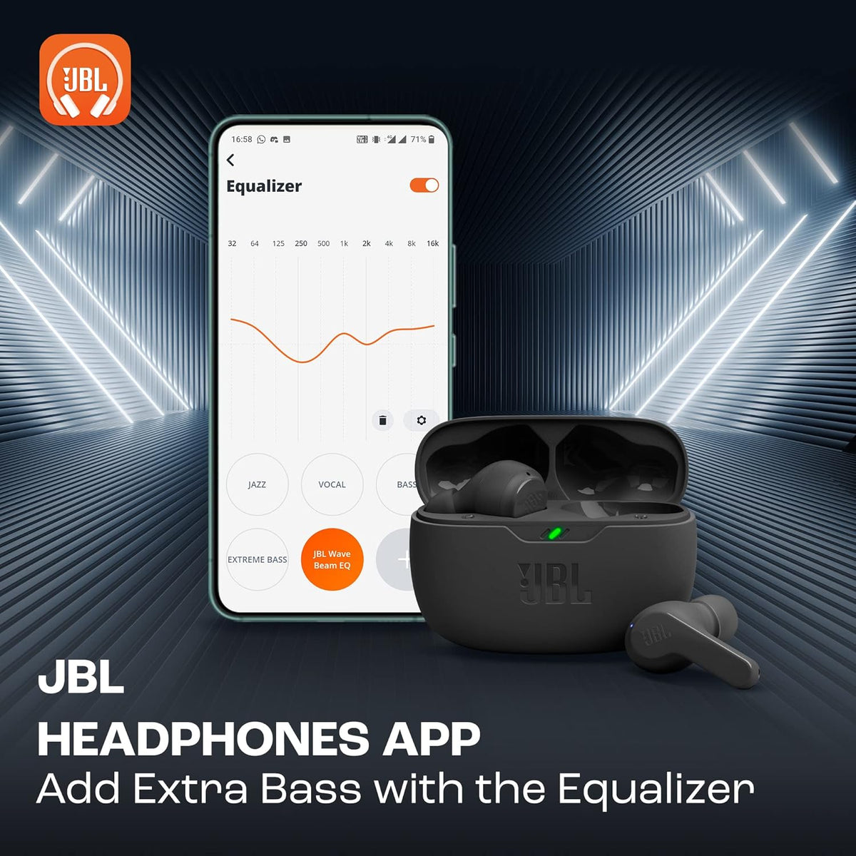 JBL Wave Beam True Wireless Earbuds, Deep Bass, Comfort Fit, 32H Battery, Smart Ambient, TalkThru, Hands-Free + VoiceAware, Water and Dust Resistant - Black, JBLWBEAMBLK