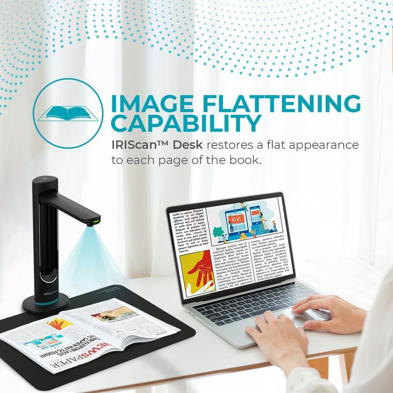 IRIScan Desk scanner for laptop document camera a3 Scanner- v6business :2x16MP/21MP visualizer, library scanner, free PDF editor,portable scanner,book scanner,AI curve flattening-finger hiding,Win Mac