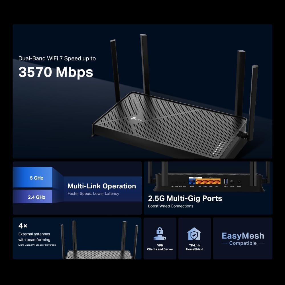 TP-Link BE3600 Dual-Band Wi-Fi 7 Router | Lightning-Fast Speeds | 2.5G Multi-Gig Connectivity | Far-Reaching Coverage | Ultra Smooth Wi-Fi | EasyMesh-Compatible | TP-Link HomeShield - Archer BE230