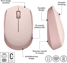 Logitech M171 Wireless Mouse for PC, Mac, Laptop, 2.4 GHz with USB Mini Receiver, Optical Tracking, 12-Months Battery Life, Ambidextrous - Rose