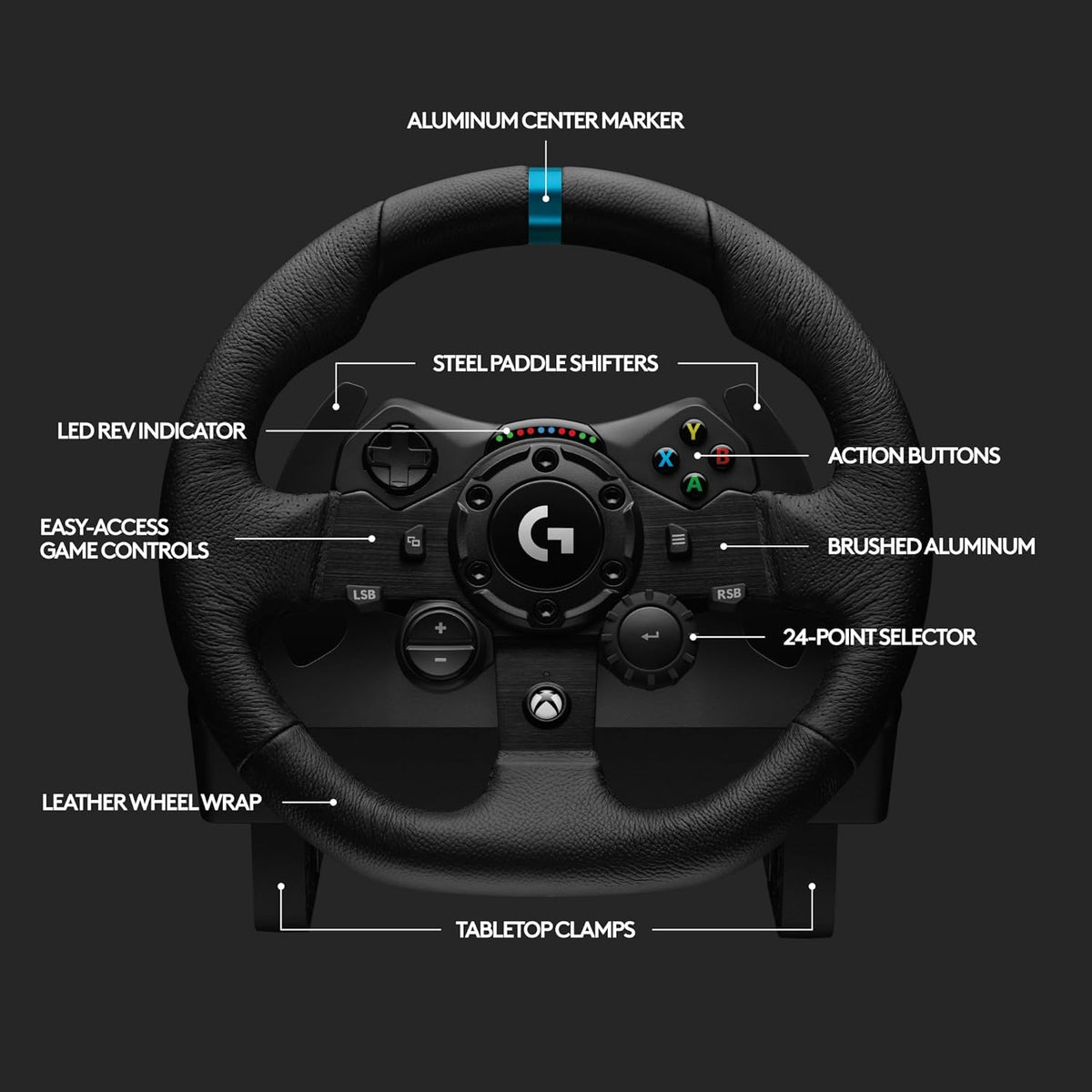 Logitech G923 Racing Wheel and Pedals, TRUEFORCE Feedback, Responsive Driving Design, Dual Clutch Launch Control, Genuine Leather, for Xbox One, PC - Black - UAE Version