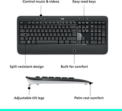 Logitech MK540 Advanced Wireless Keyboard and Mouse Combo for Windows, 2.4 GHz Unifying USB-Receiver, Multimedia Hotkeys, 3-Year Battery Life, for PC, Laptop, Arabic Layout - Black