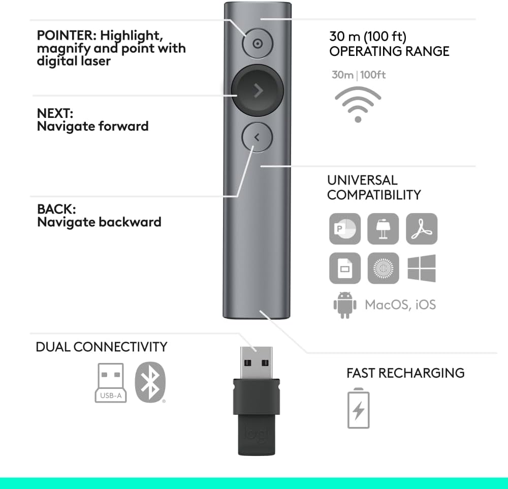 Logitech Spotlight Presentation Remote - Universal Wireless Presentation Clicker with Laser Pointer, Advanced Digital Highlighting, Bluetooth, 30 m Range and Quick Charging - Slate