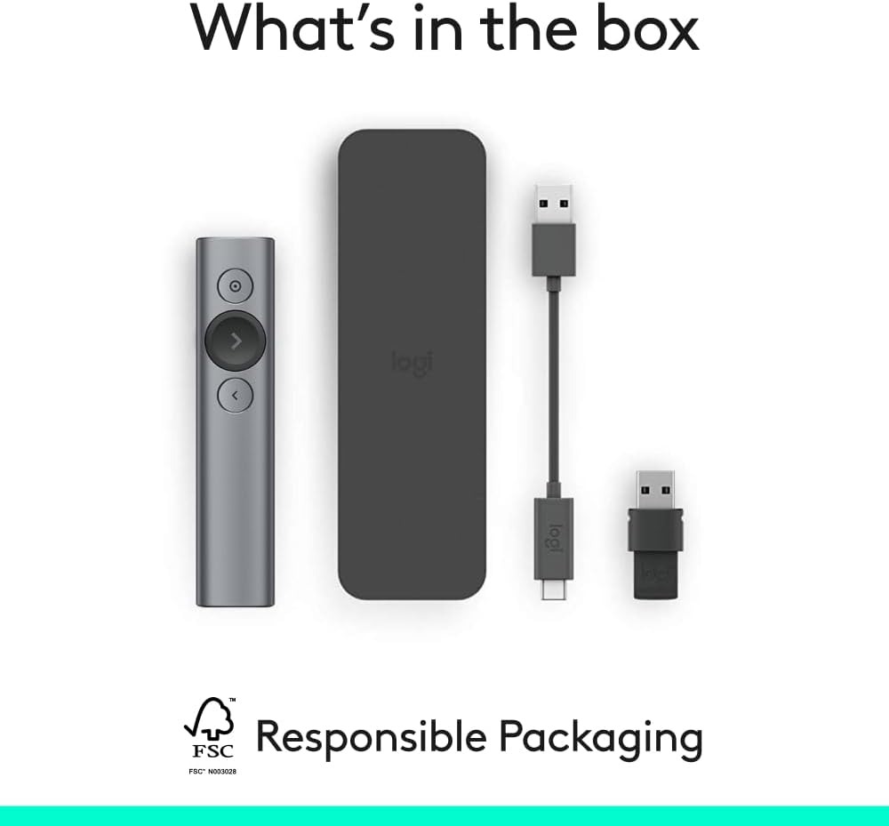 Logitech Spotlight Presentation Remote - Universal Wireless Presentation Clicker with Laser Pointer, Advanced Digital Highlighting, Bluetooth, 30 m Range and Quick Charging - Slate