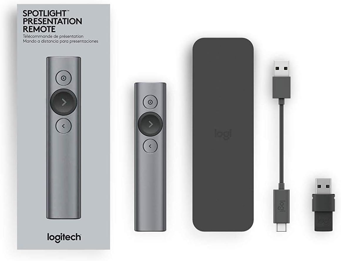 Logitech Spotlight Presentation Remote - Universal Wireless Presentation Clicker with Laser Pointer, Advanced Digital Highlighting, Bluetooth, 30 m Range and Quick Charging - Slate