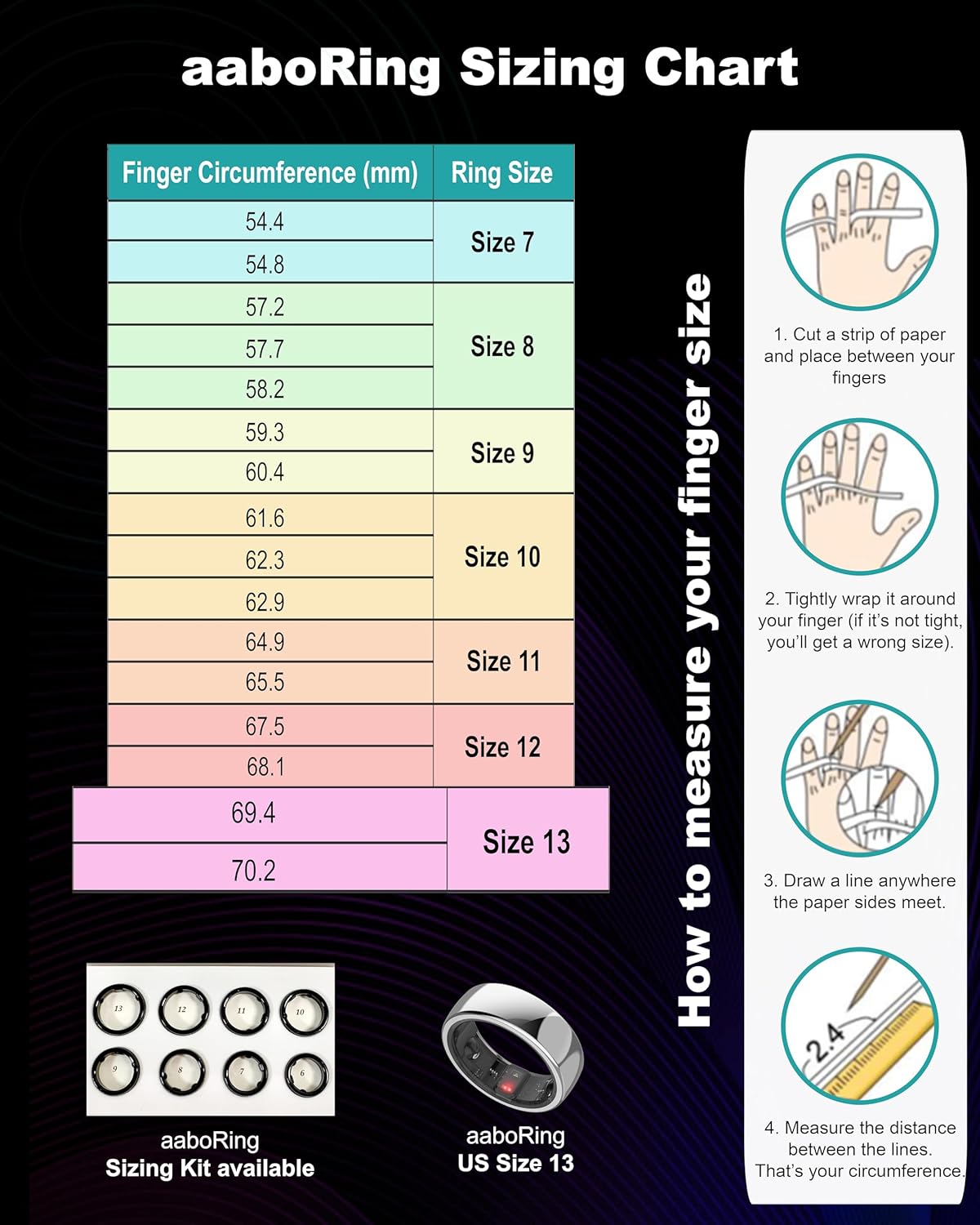 aaboRing, Health & Fitness Tracker Smart Ring, Advance Sleep Monitoring, Stress & Activity Tracking, Titanium, IP68 Waterproof (US Size No 9, Black)