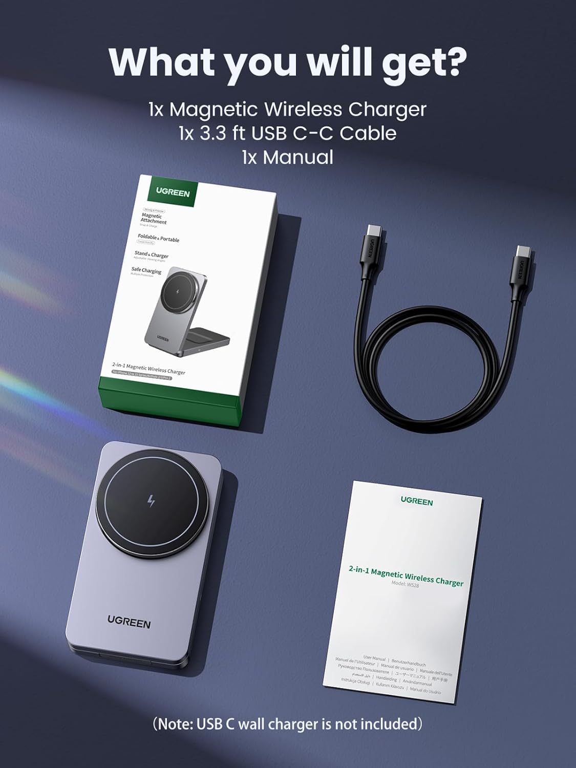 UGREEN MagFlow Wireless Charger 15W, 2 in 1 Magnetic Charging Station Qi Certified Fast Charging Stand, Foldable Magsafe Charger Compatible with iPhone 16/15/14/13/12, AirPods 4/3/2, with 1M Cable