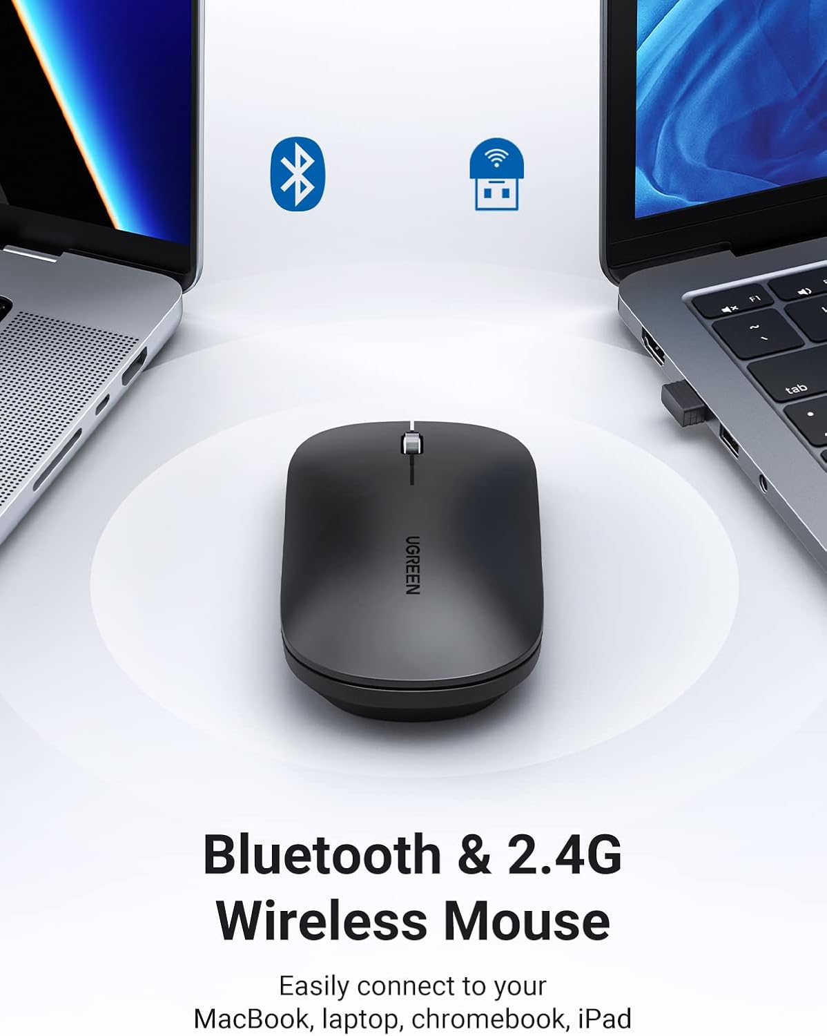 UGREEN Wireless Mouse Bluetooth 5.0 & USB Mouse 2.4G Dual Mode Silent Noiseless Slim Laptop Mice 4 Adjustable up to 4000DPI Compatible With Mackbook HP Acer Lenovo Thinkpad Dell Tablet-Black