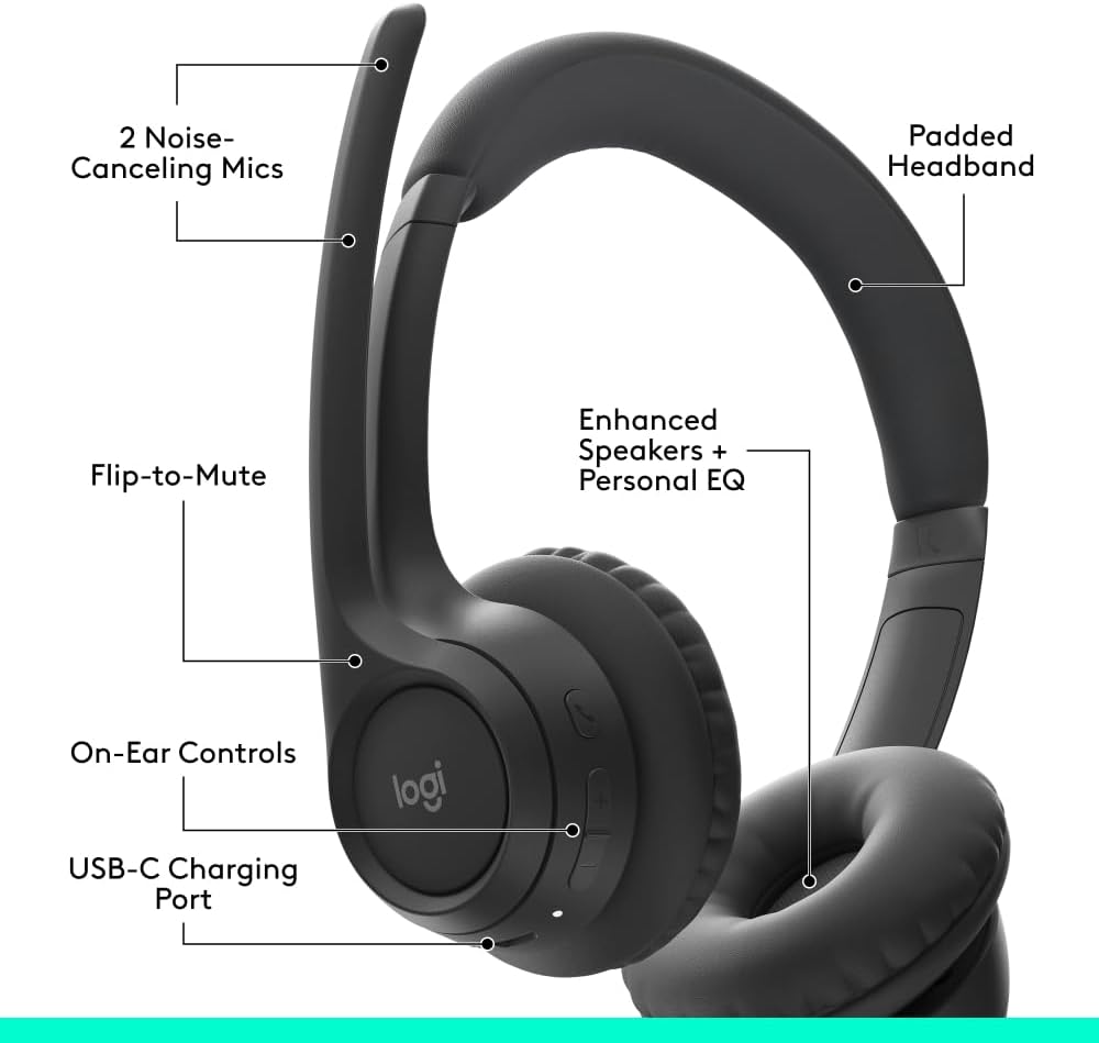Logitech Zone 300 Wireless Bluetooth Headset With Noise-Cancelling Microphone, Compatible with Windows, Mac, Chrome, Linux, iOS, iPadOS, Android – Midnight Black