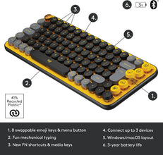 Logitech POP Keys Mechanical Wireless Keyboard with Customizable Emoji Keys, Durable Compact Design, Bluetooth or USB Connectivity, Multi Device, OS Compatible, Yellow, ARA Keyboard