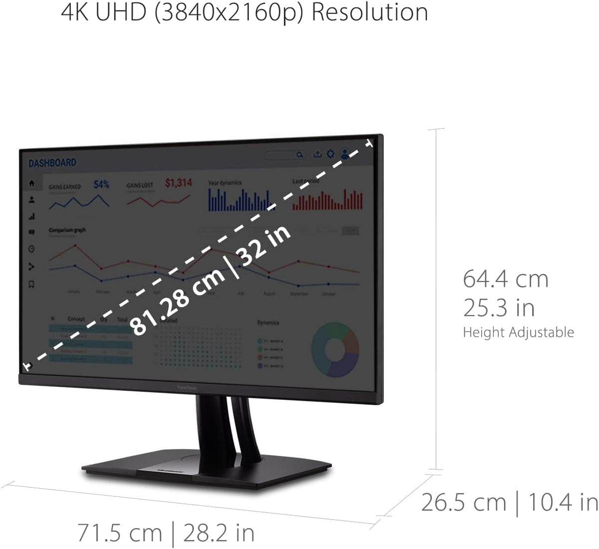 ViewSonic VP3256-4K, 32 inch, UHD (Ultra HD), 60Hz, 5ms, Adaptive Sync, Auto Pivot & Ergonomic Stand with tilt, Support USB-C with 60W high-speed charging, plus HDMI 2.0, DisplayPort 1.4, USB3.2