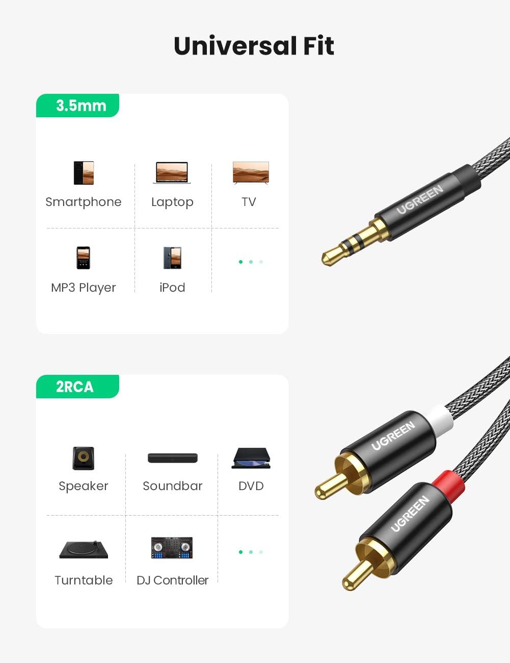 UGREEN RCA to 3.5mm Audio Cable 2Meter, 2 RCA Male to 3.5mm(1/8") Male Stereo Jack Phono Y Splitter Nylon-Braided Aux Cable for DJ Controller, Dolby Digital, DTS, Speaker, Gold-plated Connector, Black