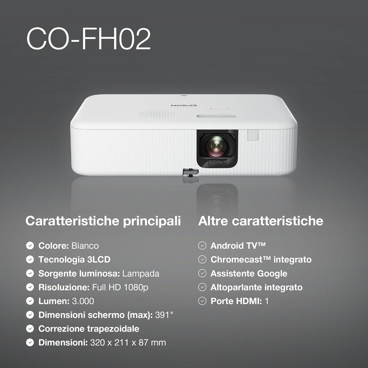 Epson V11HA85040 CO FH02 Smart Full HD projector, Full HD 1080p projector, White, COFH02, USB