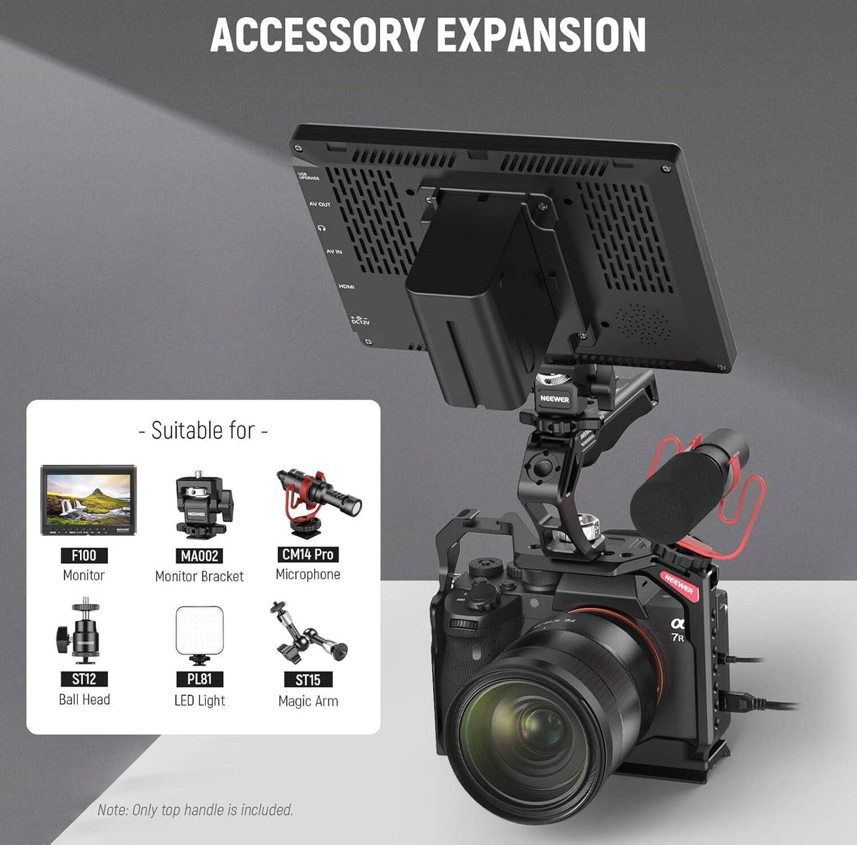 NEEWER Camera Top Handle CA007 with ARRI 3/8" Locating Pins Silicone Grip, 1/4" & 3/8" Mounting Threads, 3 Cold Shoe Mounts Compatible with Camera Cages, Video Rigs, SmallRig Handles