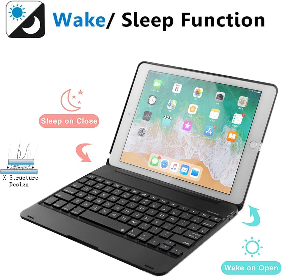 eWINNER Stylish Smart Folio Hard Back Cover Case Wireless Bluetooth Keyboard Compatible with iPad 9.7 inch/iPad 6th Gen(2018)/iPad 5th Gen(2017)/iPad Pro 9.7 inch/iPad Air 2 & 1 (Black) Logitech