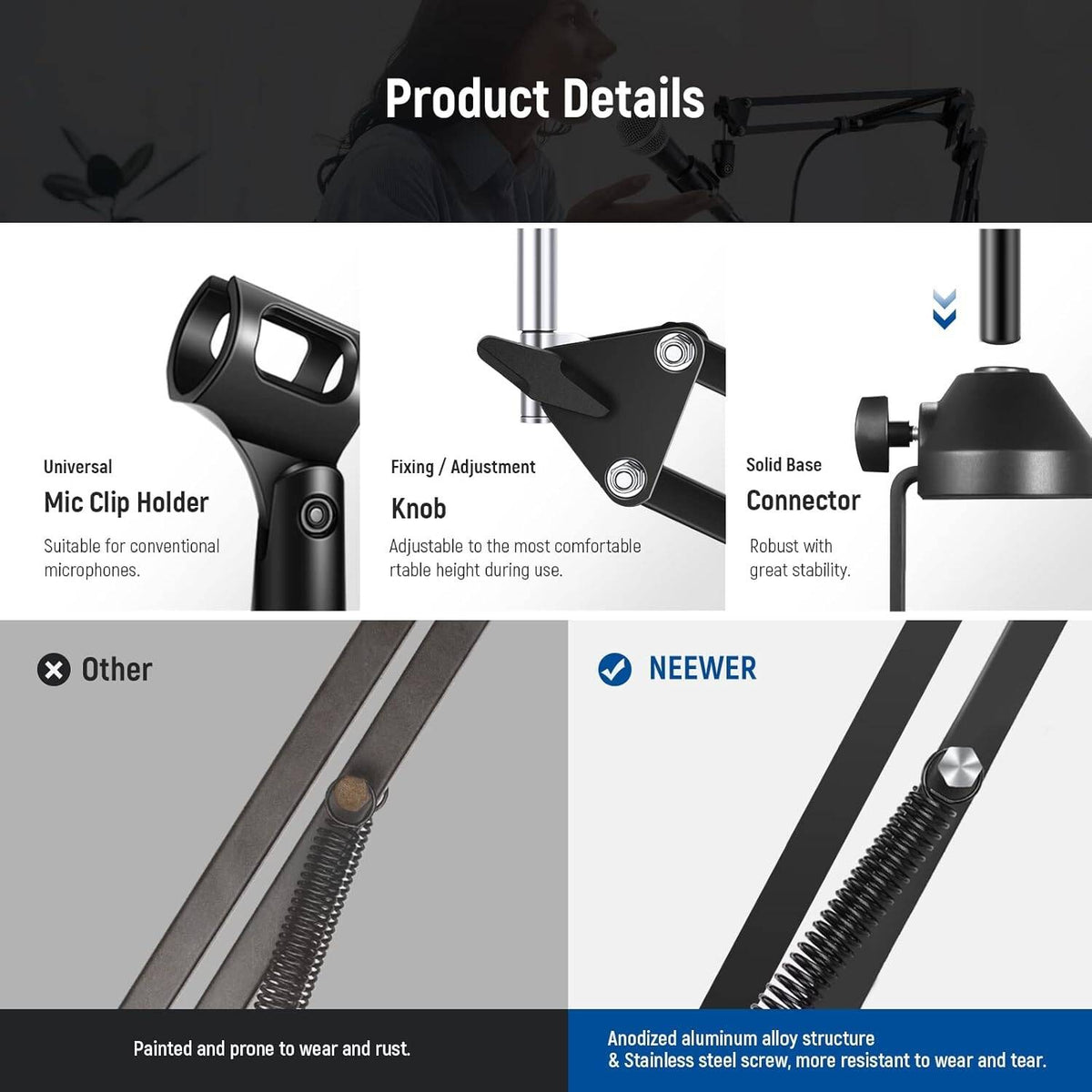 Neewer Microphone Arm Stand, Suspension Boom Scissor Microphone Arm Stand with 3/8 Inch to 5/8 Inch Screw and Cable Ties, Compatible with Blue Yeti Snowball Yeti X Quadcast etc. Max. Load 1.5 kg