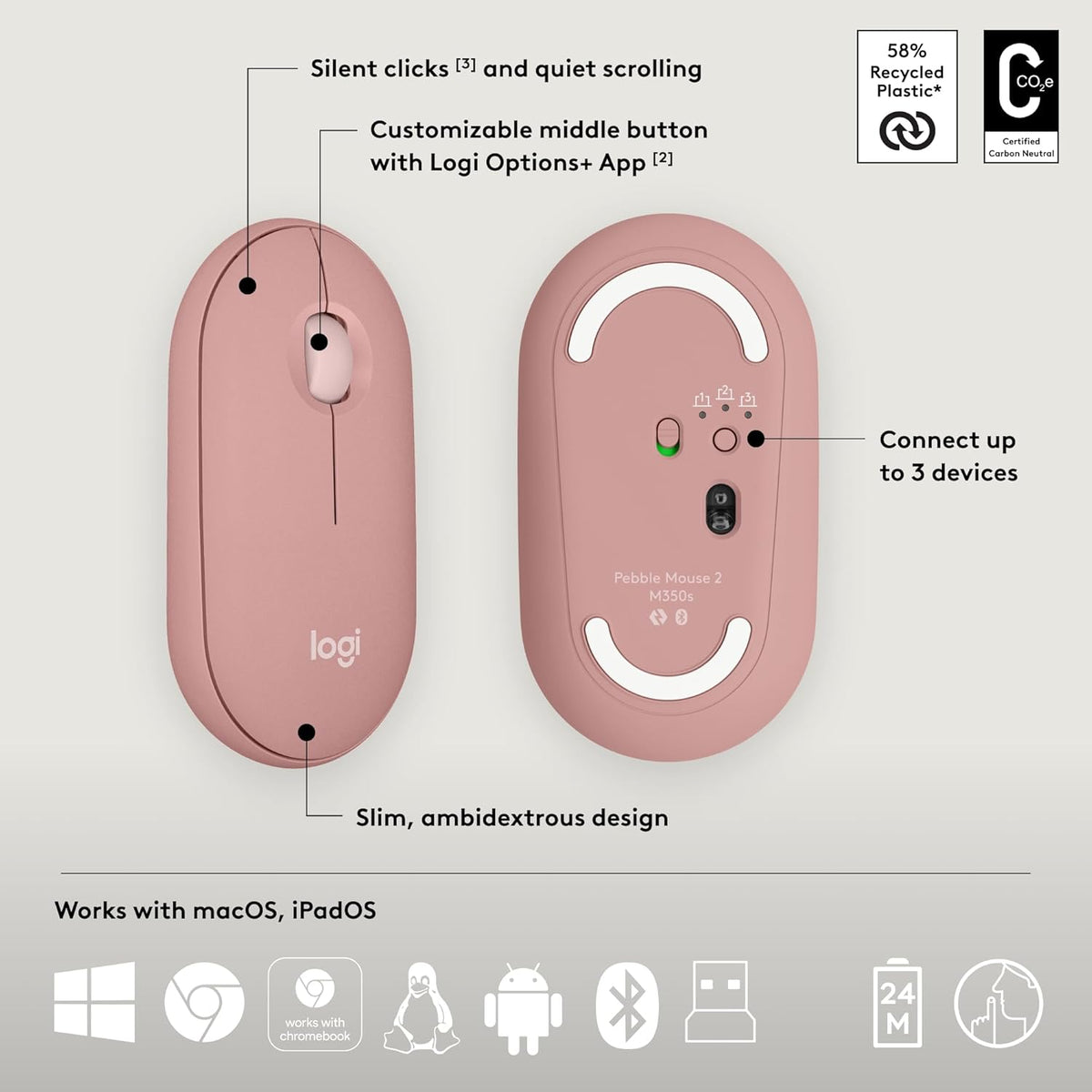 Logitech Pebble 2 Combo, Wireless Keyboard and Mouse, Quiet and Portable, Customisable, Logi Bolt, Bluetooth, Easy-Switch for Windows, macOS, iPadOS, Chrome - Rose