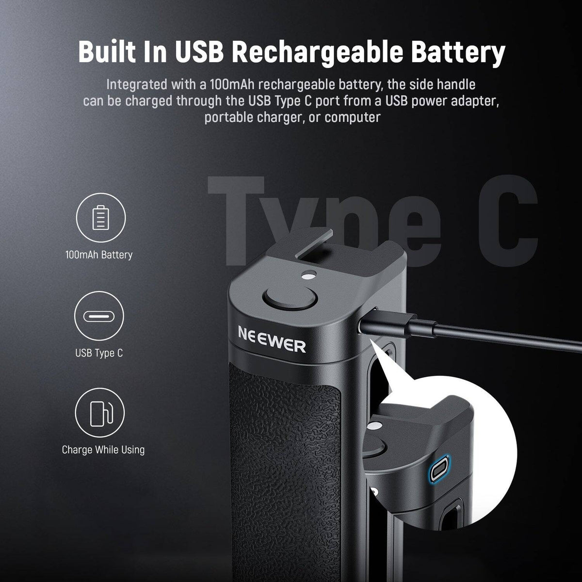 NEEWER Bluetooth Side Handle Shutter Release with 2.2"-3.2"/55-82mm 360° Phone Clamp & SSD Holder, Cold Shoes, 100mAh Rechargeable Battery Compatible with iPhone Samsung T5/T7/T9 SSD | PA028E