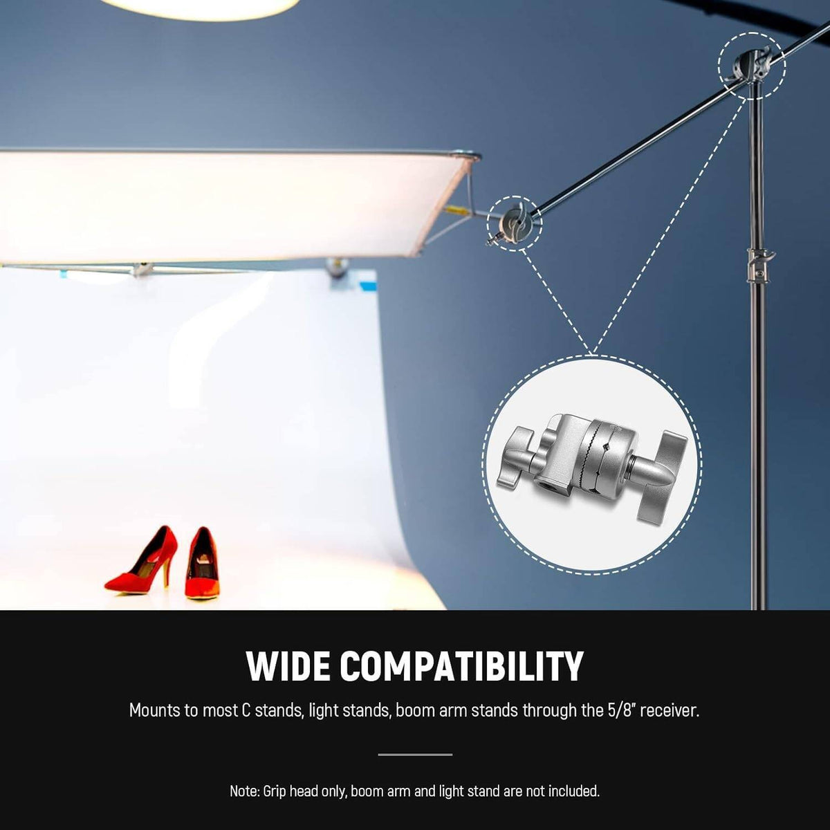 NEEWER Multifunctional Heavy Duty 2.5" Grip Head Holder Mounting Adapter for C Stand, Light Stand, Boom Arm, Photographic Equipment with 1/2, 1/4, 3/8, 5/8" Mount, Silver | AWP013372