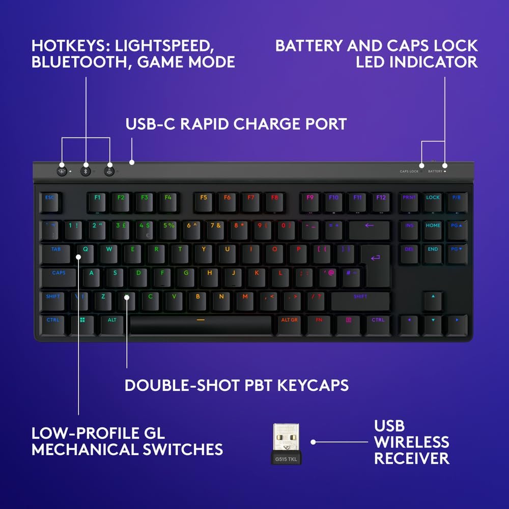 Logitech G515 LIGHTSPEED TKL Low Profile Wireless Gaming Keyboard, LIGHTSYNC RGB, Thin Tenkeyless Design, PBT Keycaps, Tactile/Brown Mechanical Switches - Black