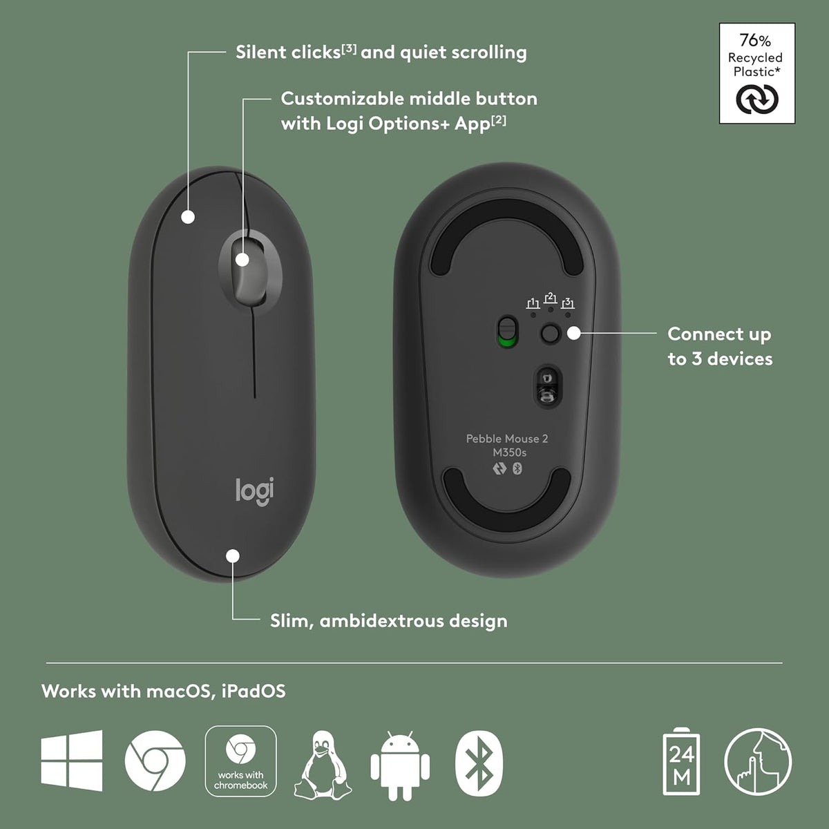 Logitech Pebble Keys 2 K380s, Multi-Device Bluetooth Wireless Keyboard with Customisable Shortcuts, Slim and Portable, Easy-Switch for Windows, macOS, iPadOS, Android, Chrome OS, ARA Layout - Graphite