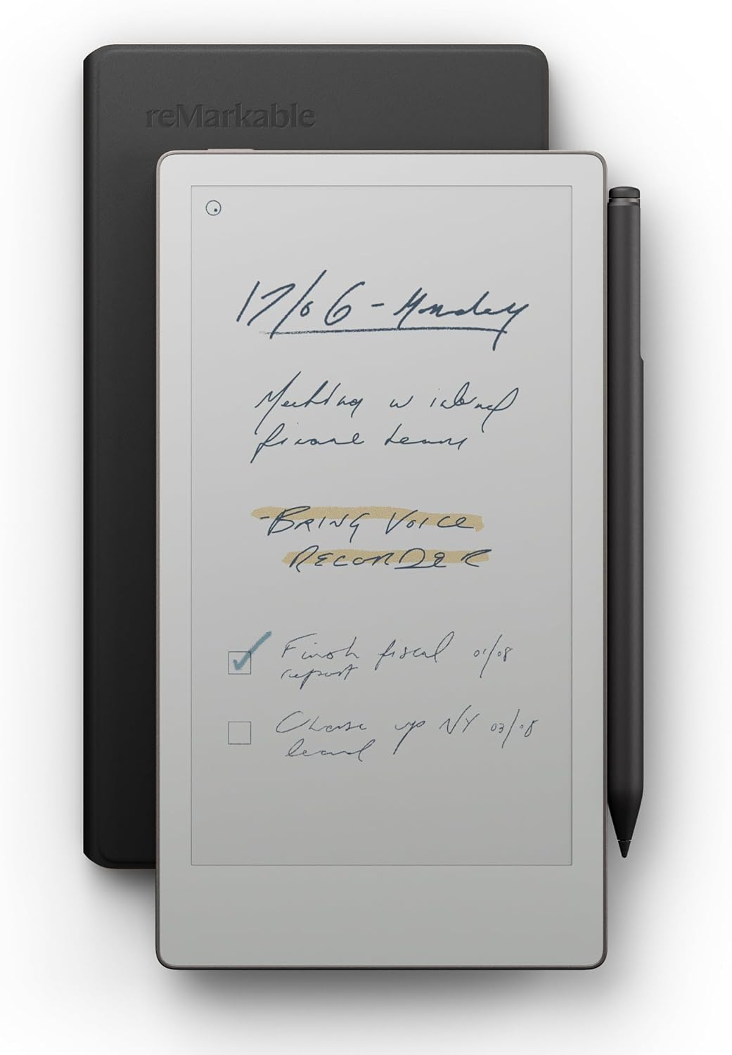 reMarkable Paper Pro Move - Leather Folio Bundle | Ultraportable Colour 7.3" Paper Tablet with Marker Plus Pen with Eraser, and a Book Folio Cover in Black Leather