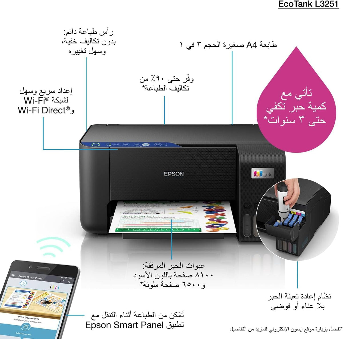 Epson Ecotank L3251 Home Ink Tank Printer, A4 Color 3-in-1 Printer with Wi-Fi Direct, 5760 x 1440 DPI Resolution, 10 Pages/min Print Speed, USB/WiFi, 100 Sheets Paper Tray Capacity, Black