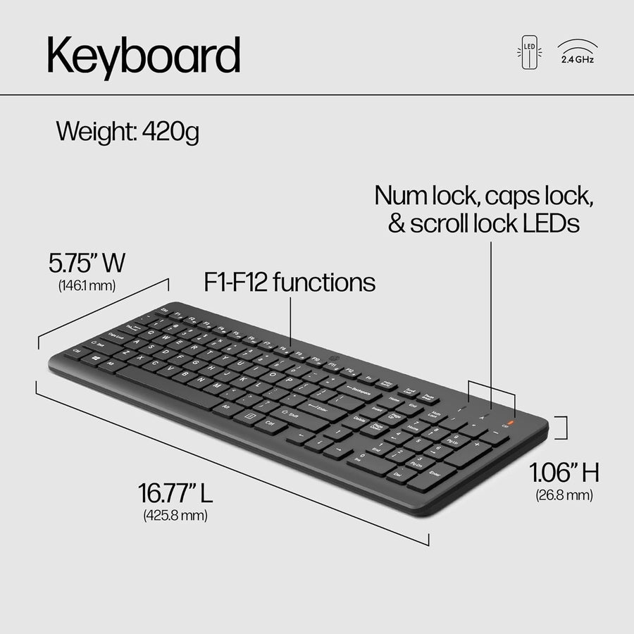 HP 330 Wireless Keyboard and Mouse Combo - 2.4 Ghz Wireless USB Receiver - Chiclet Keys