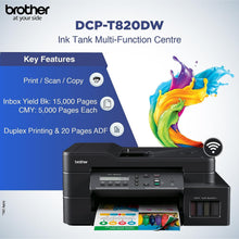 Brother Wireless All In One Ink Tank Printer, DCP-T820DW, Automatic 2 Sided Features, Mobile & Cloud Print And Scan, Network Connectivity, High Yield Ink Bottles