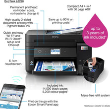 Epson Ecotank L6290 Office Ink Tank Printer A4 Colour 4 In 1 With Adf, Wi Fi And Smart Panel Connectivity Lcd Screen, Black, Compact