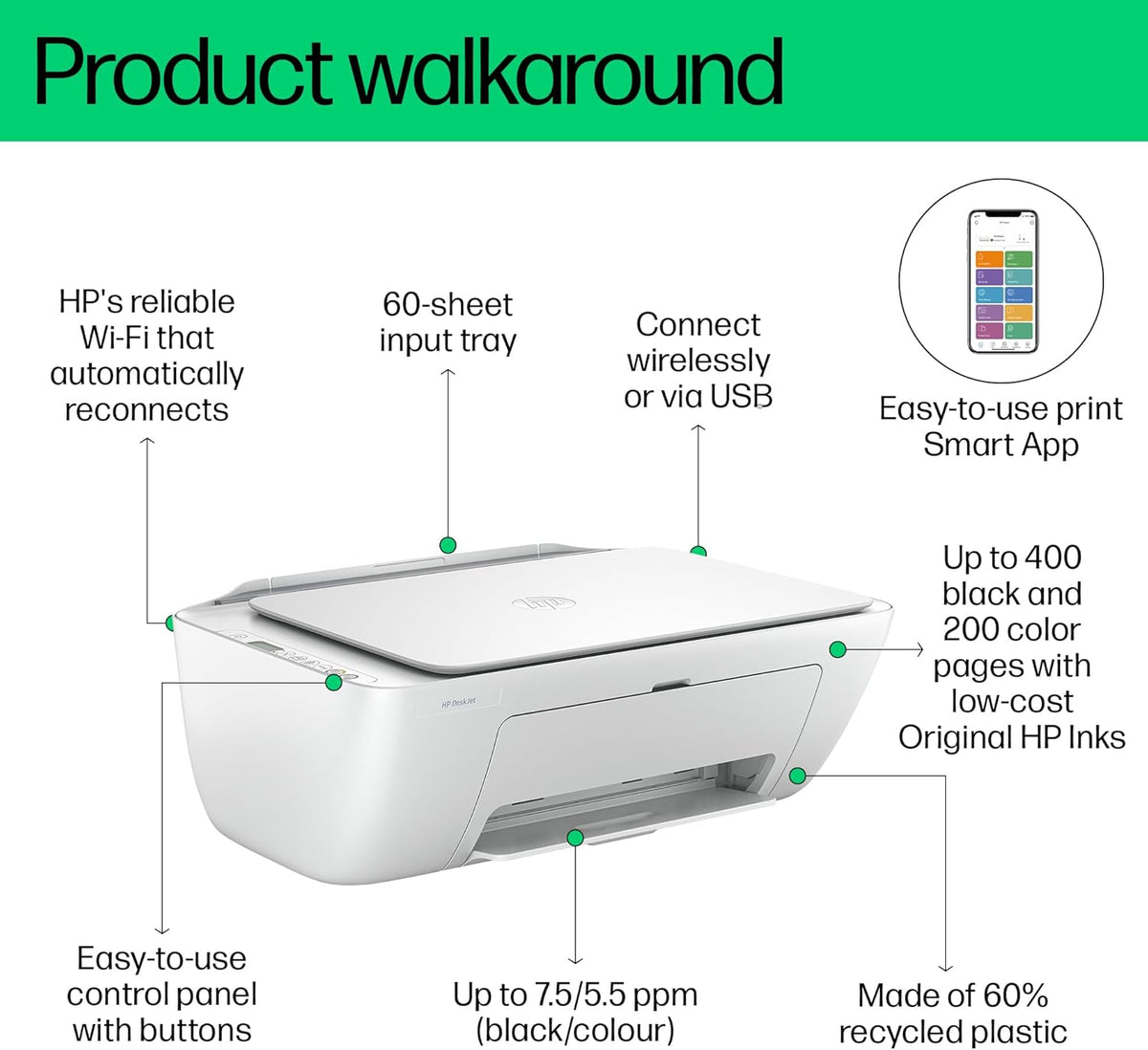 HP DeskJet Ink Advantage 2875 Wireless Print, Copy, Scan, All-in-One Printer - White [60K47C]