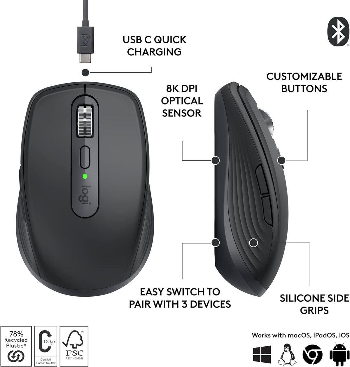 Logitech MX Anywhere 3S Compact Wireless Mouse,  USB C, Bluetooth, Windows PC, Linux, Chrome, Mac - Graphite