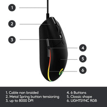 Logitech G203 2nd Gen Wired Gaming Mouse, 8,000 DPI, Rainbow Optical Effect LIGHTSYNC RGB, 6 Programmable Buttons, On-Board Memory, Screen Mapping, PC/Mac Computer and Laptop Compatible - Black