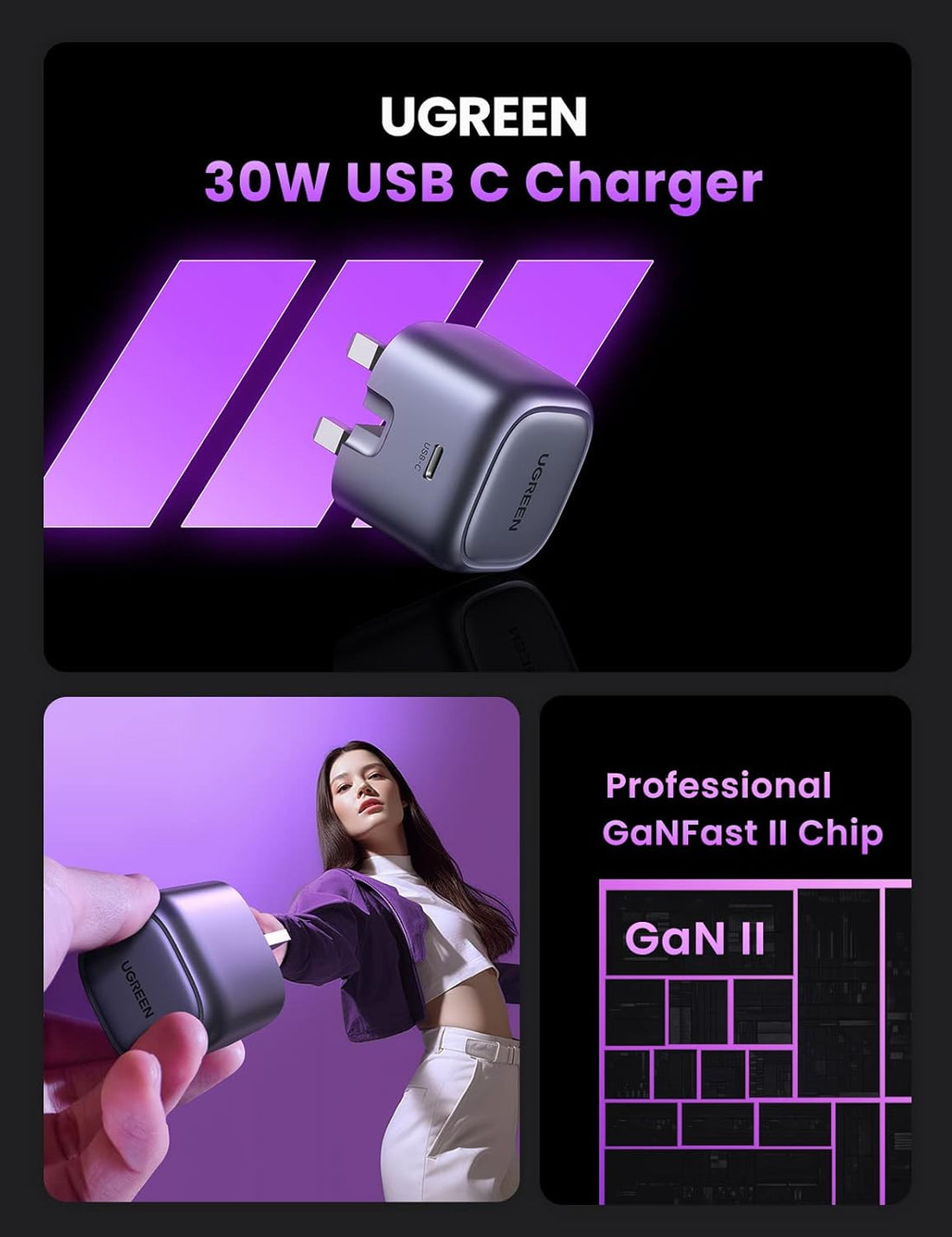 UGREEN 30W iPhone 16 Pro Charger Cable Nexode GaN USB C Power Adapter Foldable Samsung Charger Type C Plug Set with 1M 60W USB Cable for iPhone 16 Pro Max/15