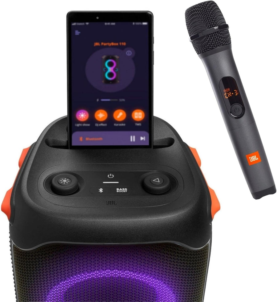JBL Party Box 110 and Wireless Microphone Bundle Speaker and Microphone with LED Light Effect