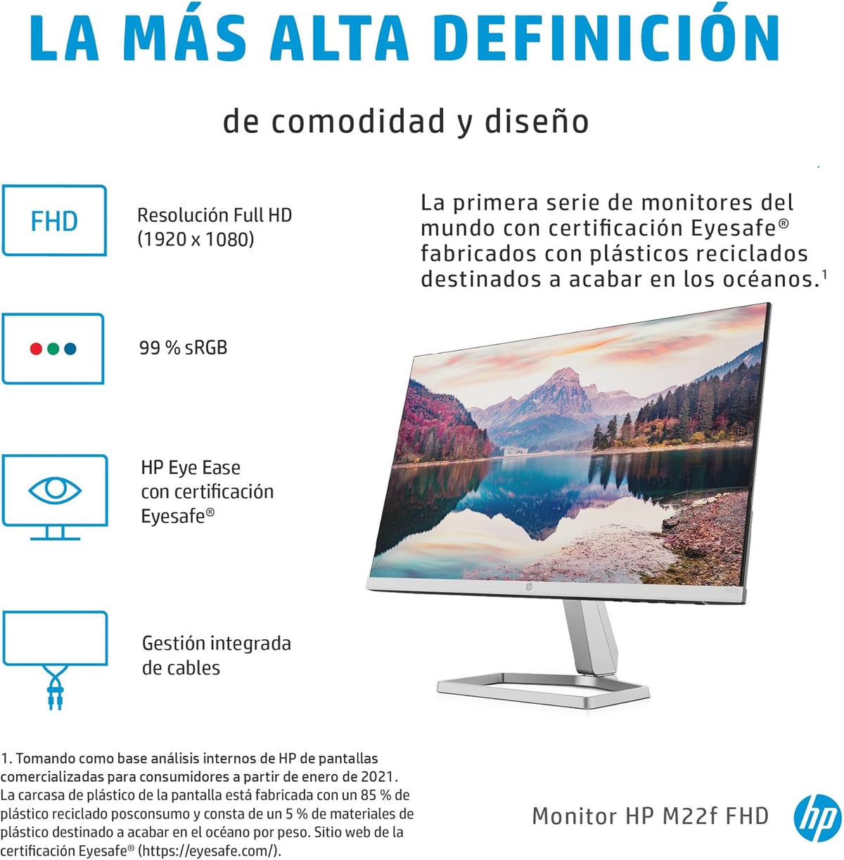 HP M22f Full HD 21.5" IPS LCD Monitor with AMD FreeSync 2021 Model - Silver Black