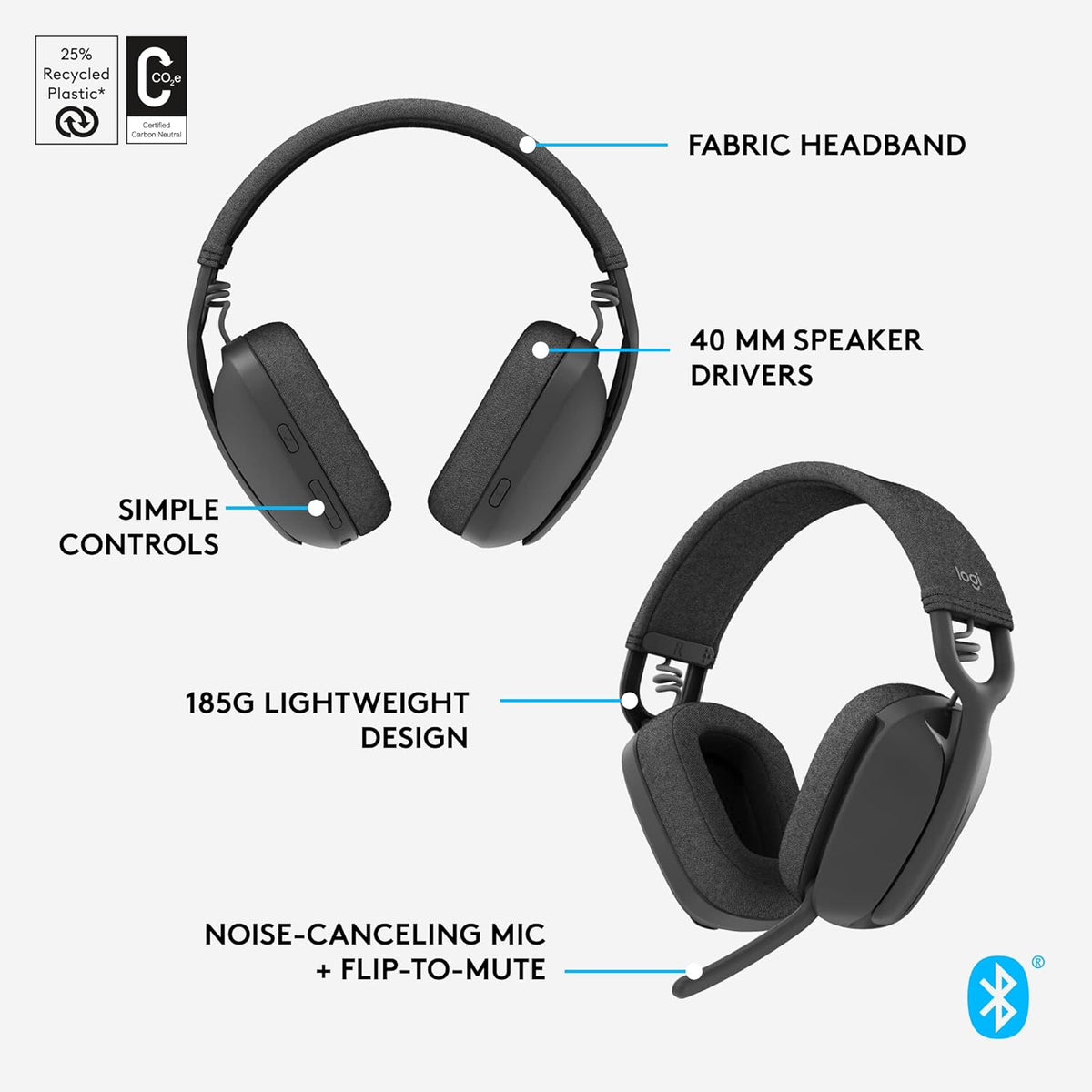 Logitech Zone Vibe 100 Lightweight Wireless Over-Ear Headphones , Graphite