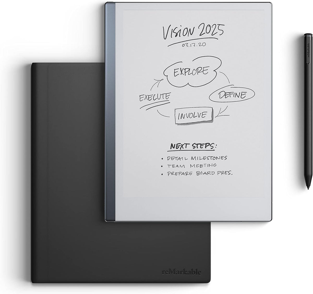 reMarkable 2 Bundle - Leather Folio | 10.3'' reMarkable 2 Paper Tablet, Marker Plus Pen With Built-in Eraser and Book Folio Case in Black Premium Leather