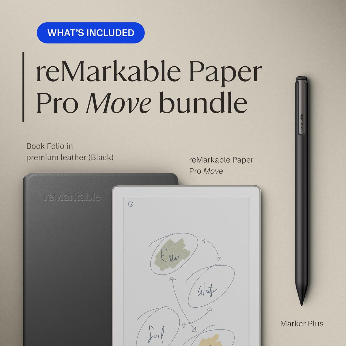 reMarkable Paper Pro Move - Leather Folio Bundle | Ultraportable Colour 7.3" Paper Tablet with Marker Plus Pen with Eraser, and a Book Folio Cover in Black Leather