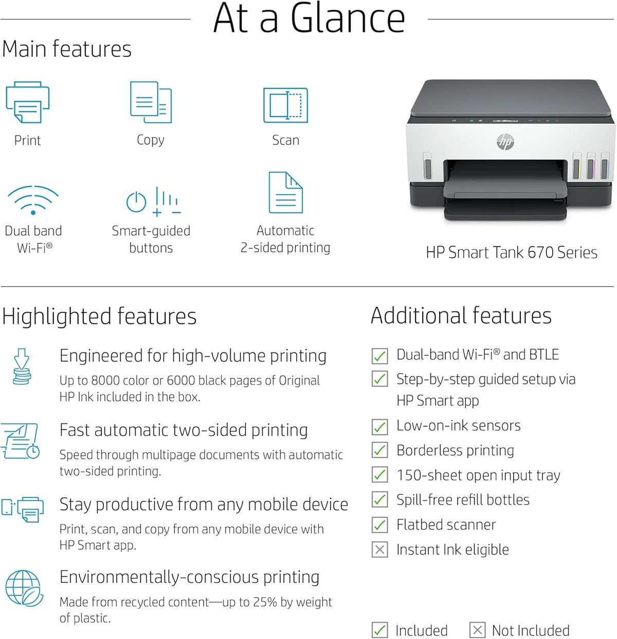 HP Smart Tank 670 All-in-One Printer, Print, Scan, Copy, Wireless, Scan to PDF, Up to 18,000 black or 8,000 color pages - White/Grey [6UU48A]
