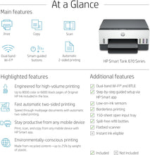 HP Smart Tank 670 All-in-One Printer, Print, Scan, Copy, Wireless, Scan to PDF, Up to 18,000 black or 8,000 color pages - White/Grey [6UU48A]
