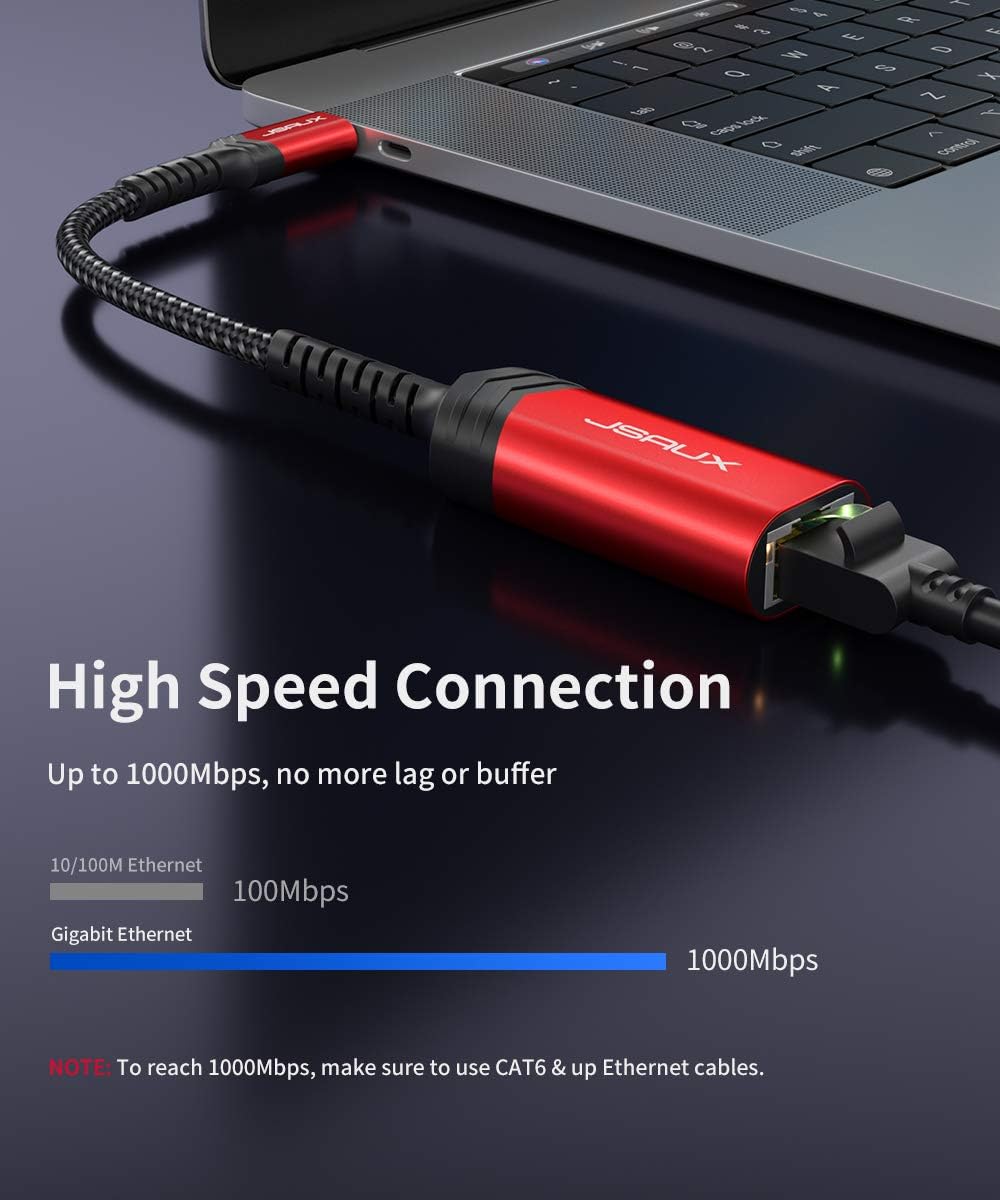 JSAUX USB C to Ethernet Adapter USB C to RJ45 Thunderbolt 3/Type C to Gigabit Ethernet LAN Network Adapter Compatible