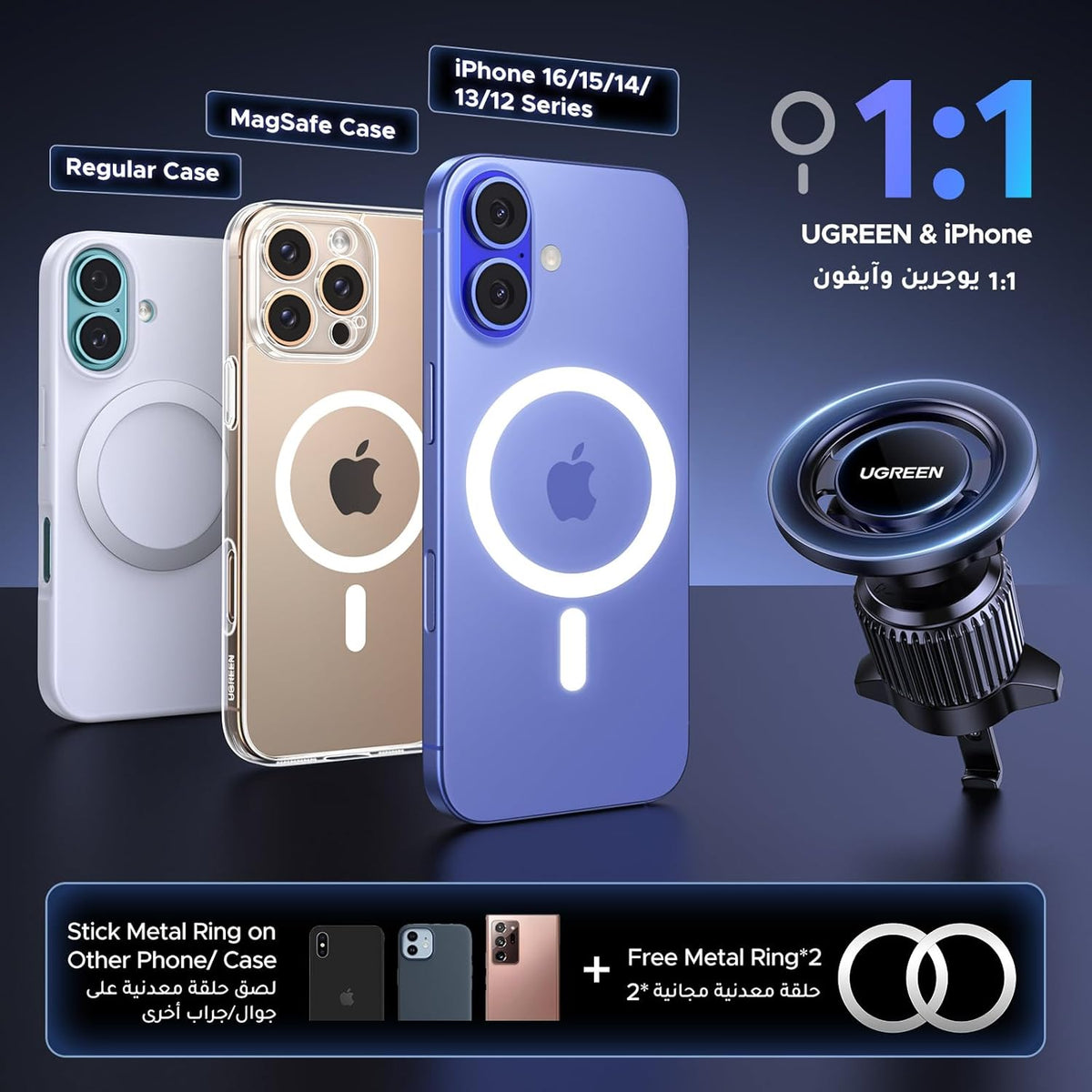 UGREEN Car Phone Holder MagSafe Car Mount, [360° Rotation Super Stable], Magnetic One-hand Operation, No Blocking Air Vent Silicone Clip Accessories, Fit for iPhone 16/15/14/13, Samsung S25/24/23