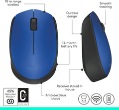 Logitech M171 Wireless Mouse for PC, Mac, Laptop, 2.4 GHz with USB Mini Receiver, Optical Tracking, 12-Months Battery Life, Ambidextrous - Blue
