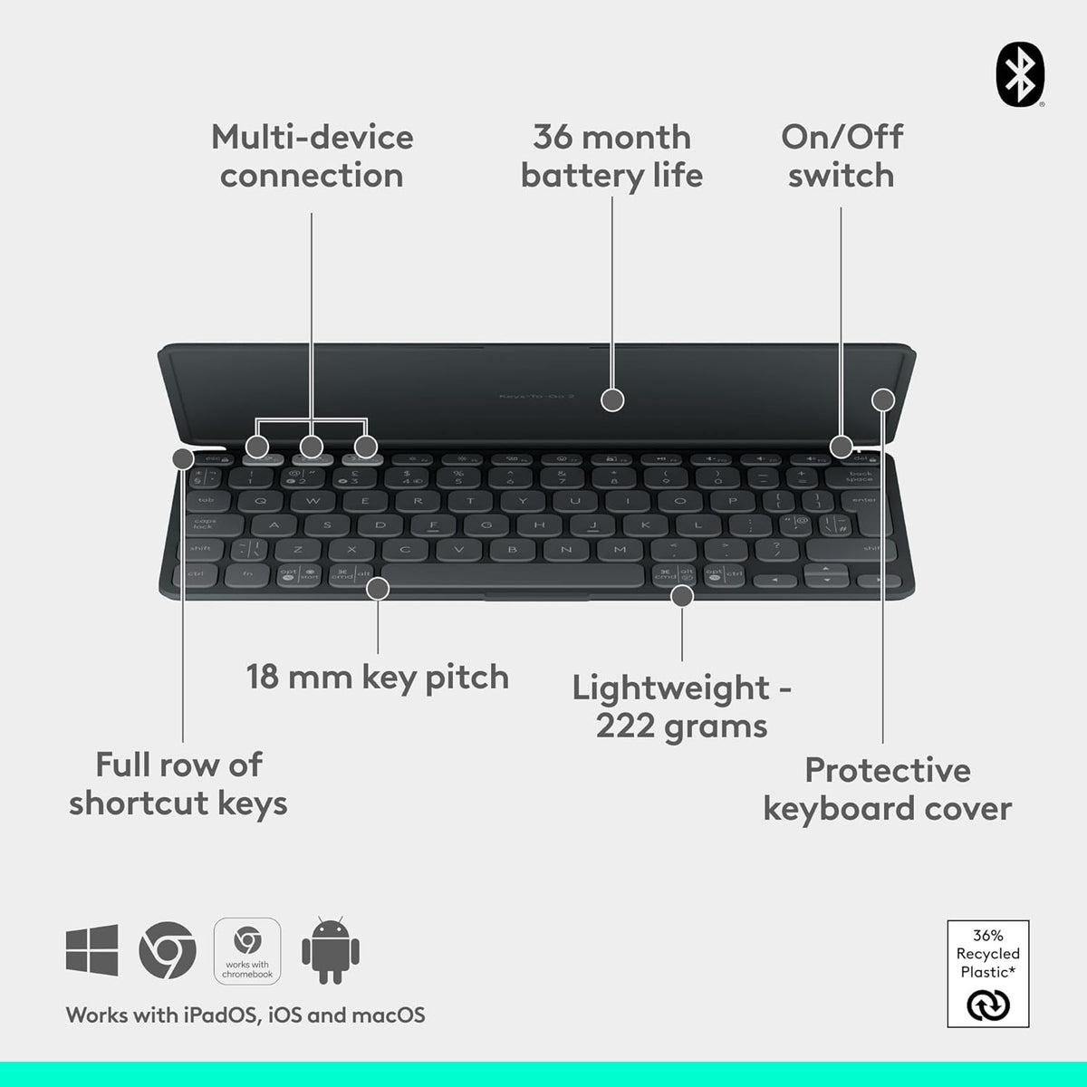 Logitech Keys-To-Go 2 Portable Bluetooth Keyboard for Tablet With Built-in Cover, Slim and Compact Wireless Keyboard for Windows, Android, Linux, iPad, iPhone, Mac, Apple TV, ARA - Graphite Logitech