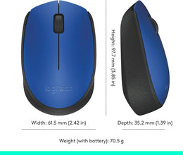 Logitech M171 Wireless Mouse for PC, Mac, Laptop, 2.4 GHz with USB Mini Receiver, Optical Tracking, 12-Months Battery Life, Ambidextrous - Blue
