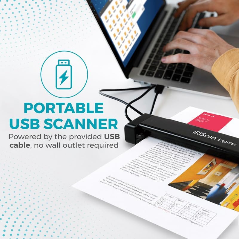 IRIScan Express Portable Scanner A4 - v4 8PPM: Document Scanner, Single-sided, USB, PDF Scanner, Scanning to Word, PDF, XLS, Business Cards to Outlook, Photo Scanner, Receipt Scanner, Win