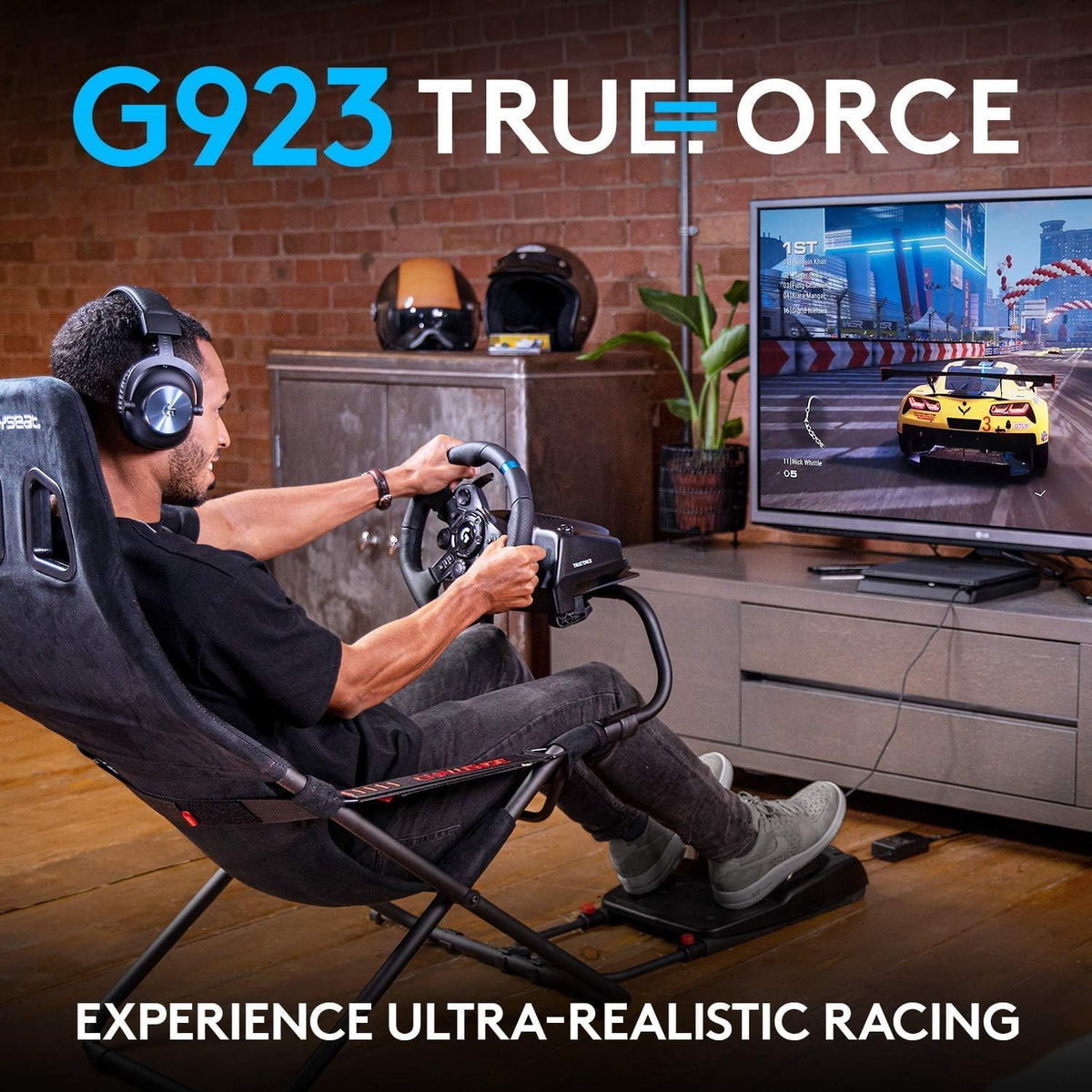 Logitech G923 Racing Wheel and Pedals, TRUEFORCE Feedback, Responsive Driving Design, Dual Clutch Launch Control, Genuine Leather Steering Wheel Cover, for PS5 Pro, PS5, PS4, PC - Black - UAE Version